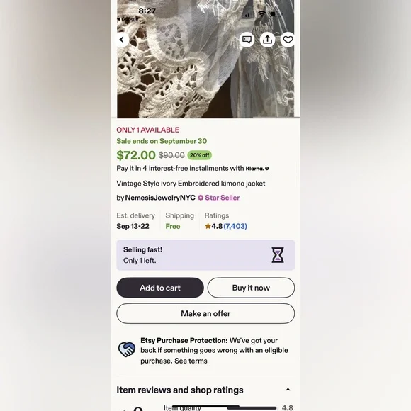 Vintage Style Embroidered White Lace Kimono Jacket/Coverup, One Size - Picture 14 of 14